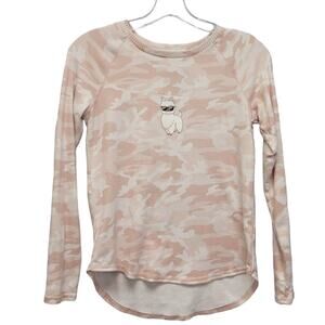 Hand Printed Upcycled Girls 10/12 Long Sleeve Cool Llama Pink Camo Sweatshirt